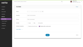 Filters menu open with the filters "Students with assessment results" and "Students without assessment results" selected